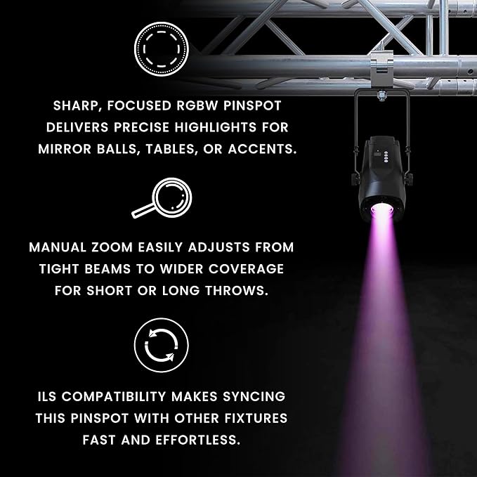 CHAUVET DJ – PinSpot Q1Z ILS Compact LED Pinspot Light | 20W RGBW Quad-Color, Manual Zoom, OLED Display | ILS Instant Light Shows | IRC-6 Remote & ILS Command Compatible | DMX Control