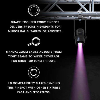 CHAUVET DJ – PinSpot Q1Z ILS Compact LED Pinspot Light | 20W RGBW Quad-Color, Manual Zoom, OLED Display | ILS Instant Light Shows | IRC-6 Remote & ILS Command Compatible | DMX Control