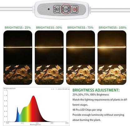 RWNTAO One Strip Growing Lamp 2-Pack, Full Spectrum LED Grow Light Strips for Indoor Plants with Auto ON/Off Timer & 4 Dimmable Levels for Green House Hydroponics Succulent (One Head 2 Pack)