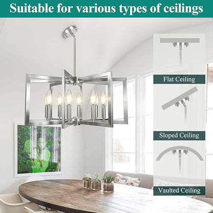 8-Light Brushed Nickel Chandelier, Farmhouse Dining Room Light Fixture, Modern Chandelier, Geometric Industrial Metal Hang Lighting Fixture for Foyer Entryway Kitchen Over Table Hallway Living Room