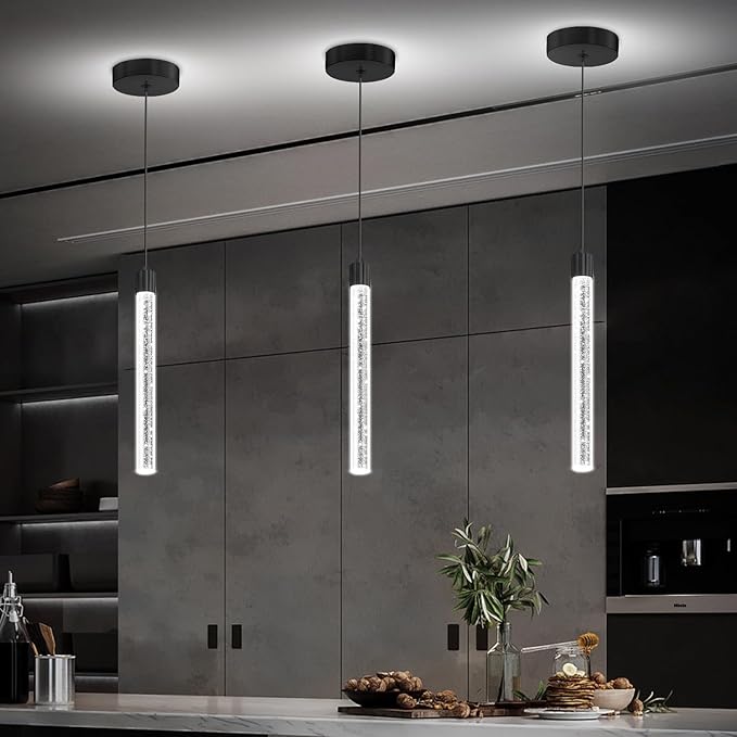Modern Mini Crystal Pendant Light for Kitchen Island Dimmable LED Adjustable Crystal Column Chandelier Lighting Hanging Pendant Lighting 1 Light Black