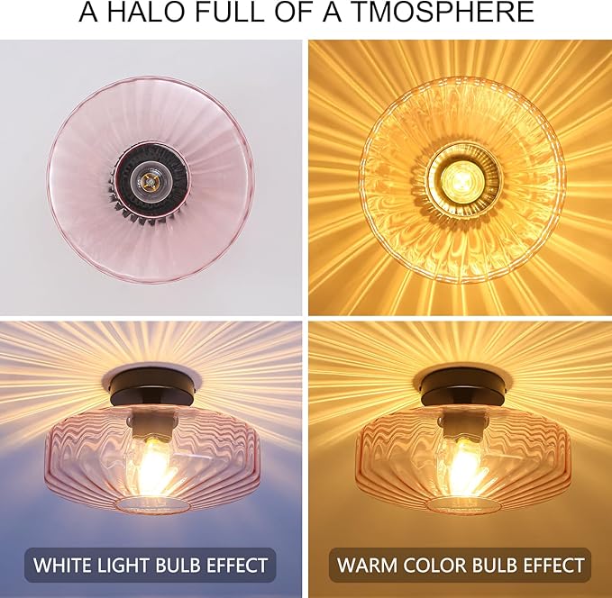 Pink Glass Ceiling Light, 11.8 Inches Mid Century Semi Flush Mount Ceiling Light Retro Small Chandelier Glass Overhead Lighting for Girl's Room Kids Room Nursery Bedroom Closet Hallway E26