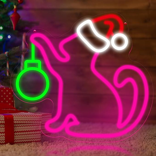 Christmas Neon Sign - Pink Cat With Santa Hat Neon Signs For Wall Decor Christmas Party Decoration New Year Gift Neon Light Sign 13.7″ × 12.5″