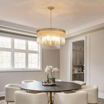 Dijiahua Modern Gold 23.6”Round Chandelier for Dining Room,6-Light Pendant Lights Kitchen Island 1 Pack,2-Tiers Luxury Brushed Brass Adjustable Cord Ceiling Hanging Lamp for for Entryway Living Room
