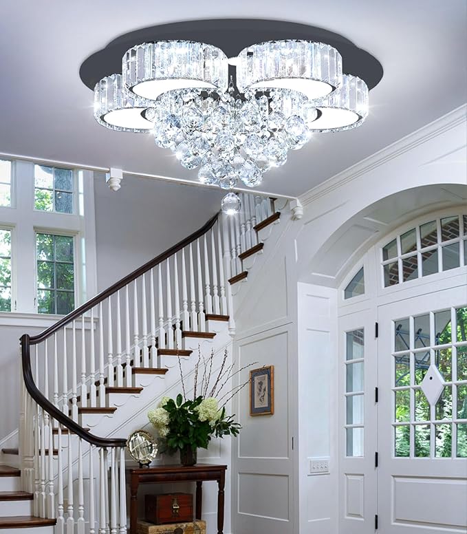 23.6" Black Modern Crystal Chandeliers for Dining Room LED Dimmable Light Fixtures Flush Mount Light Living Room Bedrooms