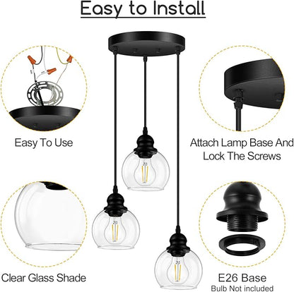 3-Light Pendant Light, Hanging Ceiling Lamp with Clear Glass Shade, Matte Black Pendant Lighting Adjustable Height Industrial Retro Style Hanging Light, for Kitchen Island Bedroom(E26 Base,No Bulb)