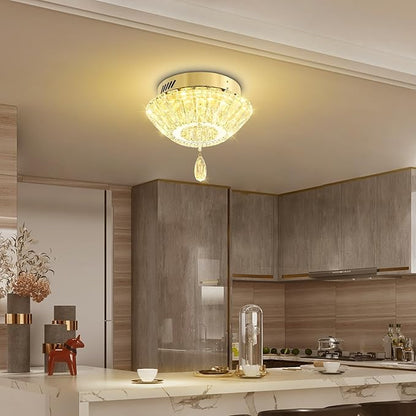 11.8" Mini Gold Crystal Chandelier LED Modern Flush Mount Ceiling Light for Hallway,Bedroom, Kitchen,