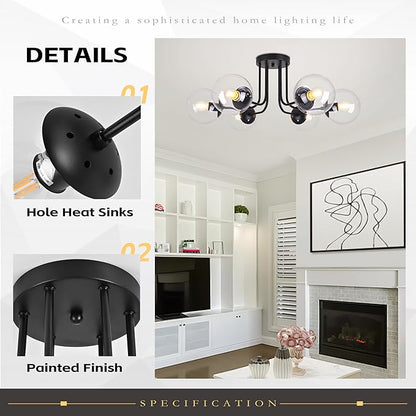 KoKo&Yukina 6-Light Modern Semi Flush Mount Ceiling Light Fixture Mid Century Ceiling Light Globe Ceiling Light with Clear Glass Shade Matte Black Finish for Bedroom Hallway Dining Room Living Room