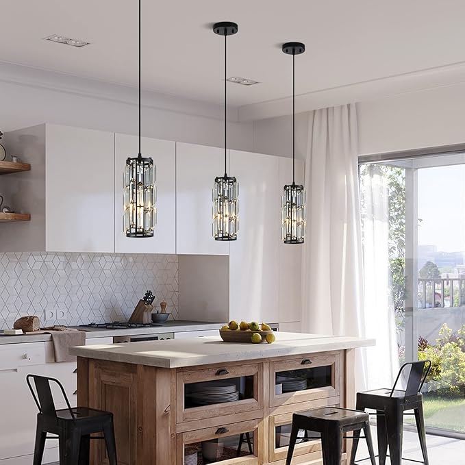 Black Pendant Lighting Modern Pendant Lighti，Pendant Lights Kitchen Island Crystal Pendant Light Fixture，Mini Crystal Chandeliers for Kitchen, Dining Room and Bedroom (3 Pack)