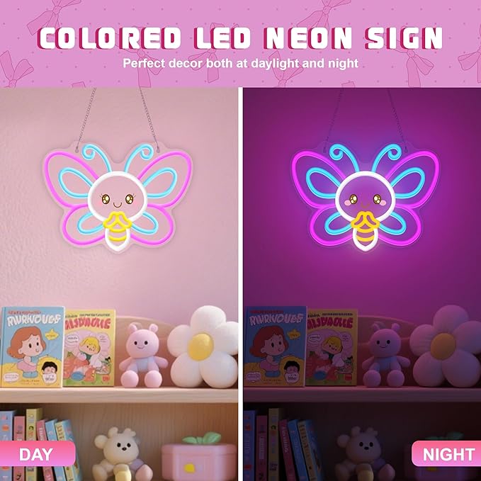 OkiyiD Butterfly Neon Sign – Cute Aesthetic Wall Decor for Girls Room Bedroom Vanity, USB Powered LED Light with Hanging Kit, Dimmable Night Light, Unique Gift for Her