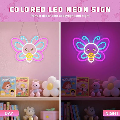 OkiyiD Butterfly Neon Sign – Cute Aesthetic Wall Decor for Girls Room Bedroom Vanity, USB Powered LED Light with Hanging Kit, Dimmable Night Light, Unique Gift for Her