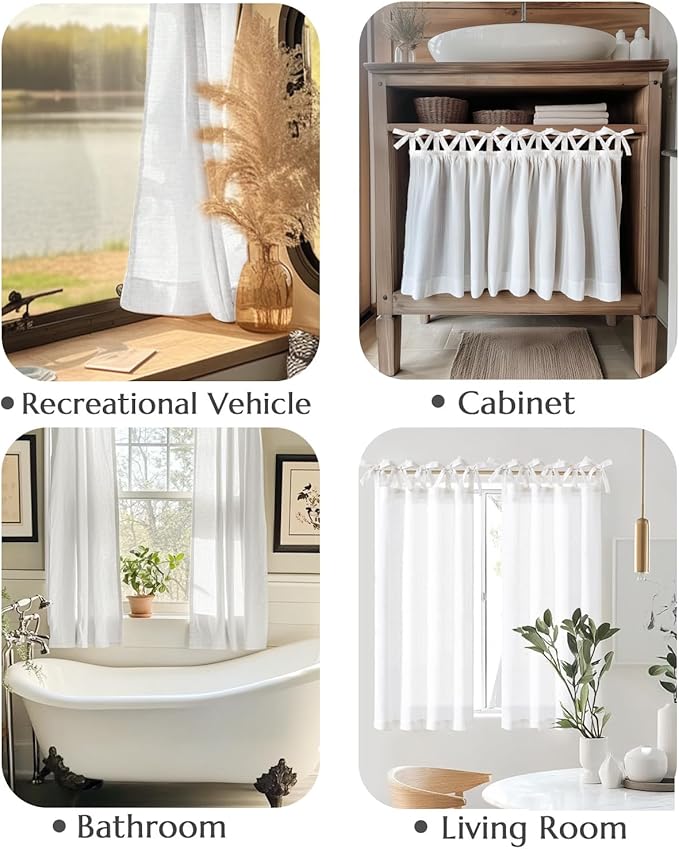 jinchan Tie Top Linen Kitchen Curtains Over Sink 36 Inch Length Tier Curtains Farmhouse Rustic Small Cafe Curtain for Bedroom Living Room Bathroom Half Window Light Filtering Privacy 2 Panels White