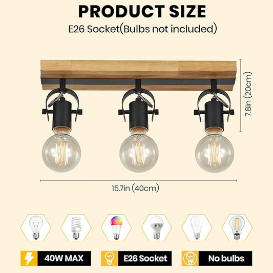Industrial Track Lighting Fixtures Ceiling, Farmhouse Wood Ceiling Spot Lighting,Rustic Kitchen Ceiling Light Fixtures for Kitchen Bedroom Bathroom Hallway.