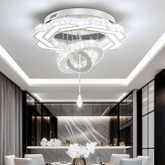 Flashing God Modern Crystal Chandeliers Dia 24" Silver Chandelier Flush Mount Ceiling Light for Bedroom Living Room Dining Room Hallway Dimmable 3 Rings LED Celing Lighting Fixtures
