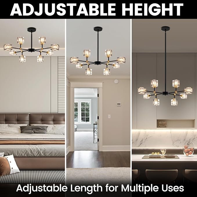 8-Light Black Crystal Chandelier Modern Sputnik Chandeliers for Dining Room Adjustable Height Sputnik Ceiling Light Fixture for Living Room Bedroom Kitchen Island