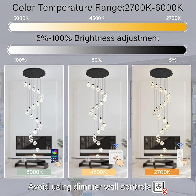 20-Light Chandelier Staircase Chandeliers for High Ceilings Crystal Chandeliers for Living Room Black Pendant Light Fixture Dimmable LED Hanging Light with Remote