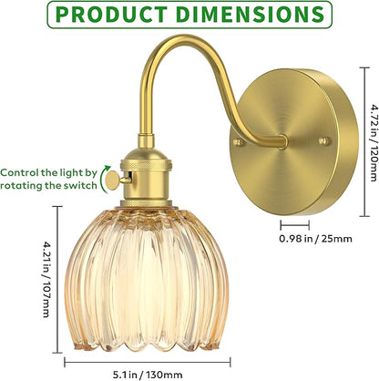 2-Pack Wall Sconces Lights Lamp for Bedroom Bathroom, Modern Vanity Light Fixtures, Wall Mount Lighting Vintage Tulip Amber Glass Shade for Living Room Mirror Hallway Kitchen