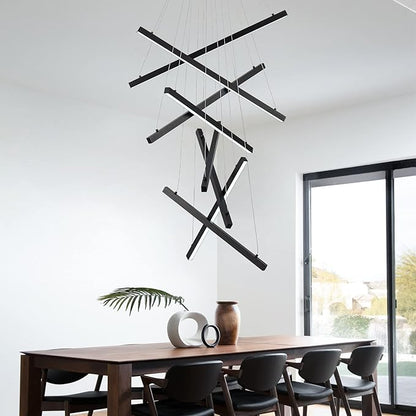 Modern Led Chandelier, High Ceiling Chandelier, Linear Chandelier 8 Lights Black Dimmable Large Pendant Light 98.4" for Living Room Staircase Entry Foyer Lobby Office Duplex 6000K Cool White