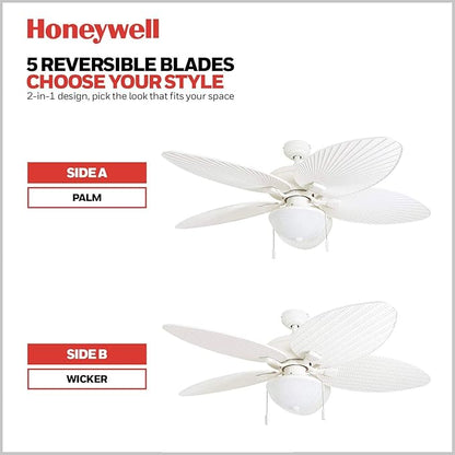 Honeywell Ceiling Fans Inland Breeze, 52 Inch Tropical Indoor Outdoor Ceiling Fan with Light, Pull Chain, Three Mount Options, Weather Resistant Blades - 50511-01 (White)