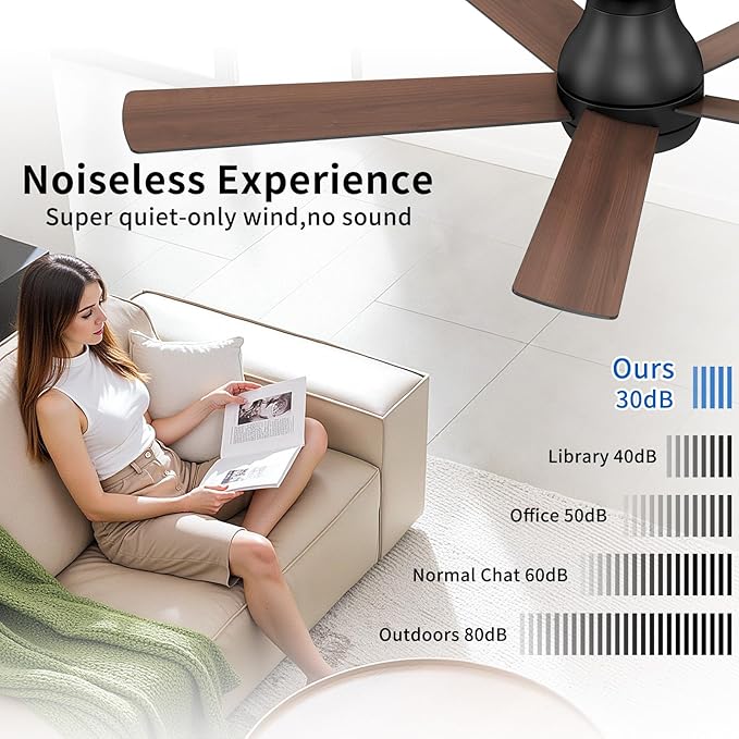 POCHFAN 60 Inch Black Ceiling Fans with Lights and Remote, LED Low Profile Flush Mount Ceiling Fan for Bedroom, Living Room, Quiet DC Motor, Dimmable 6 Speeds