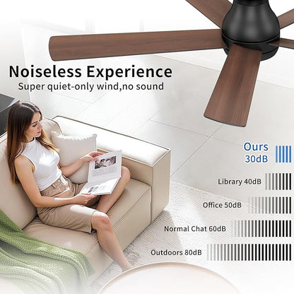 POCHFAN 60 Inch Black Ceiling Fans with Lights and Remote, LED Low Profile Flush Mount Ceiling Fan for Bedroom, Living Room, Quiet DC Motor, Dimmable 6 Speeds