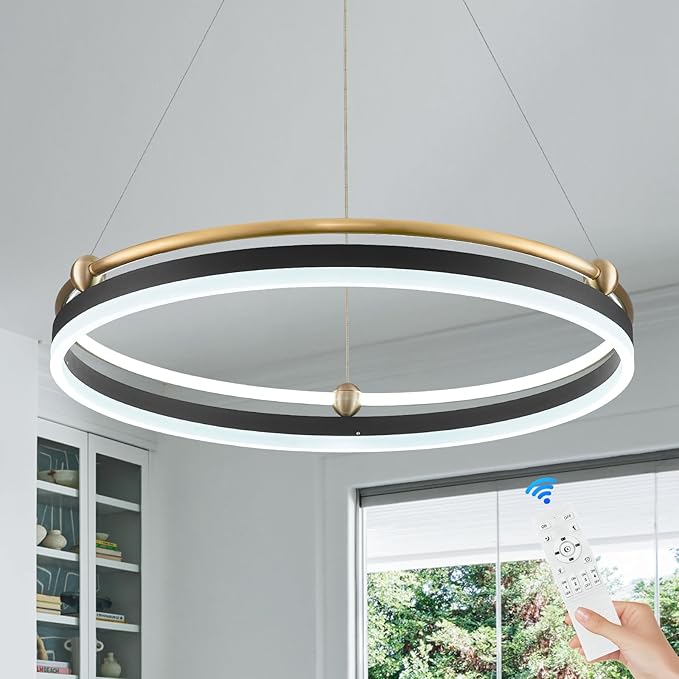 Benkut Modern LED Pendant Light 23.6" Black Gold Dimmable Circular LED Chandelier 1 Ring with Remote, Round Hanging Light for Kitchen Island Dining Room Living Room Foyer Entryway, 2-Ring Lighting