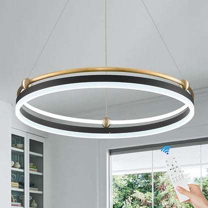 Benkut Modern LED Pendant Light 23.6" Black Gold Dimmable Circular LED Chandelier 1 Ring with Remote, Round Hanging Light for Kitchen Island Dining Room Living Room Foyer Entryway, 2-Ring Lighting