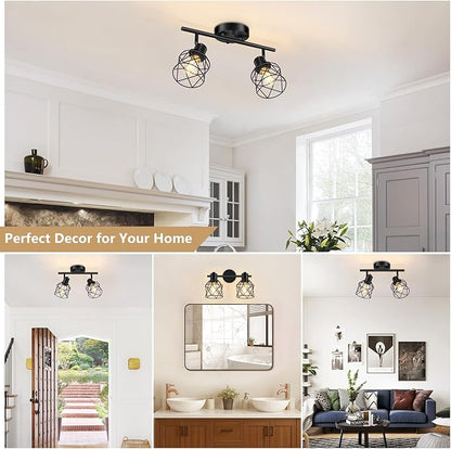 Baocuz 2-Lights Kitchen Light Fixtures Ceiling Mount, Adjustable Semi Flush Mount Ceiling Light with Metal Wire Cage, Vintage Track Spotlight Ceiling Fixtures for Dining Room, Farmhouse, Entryway