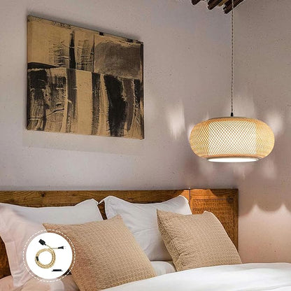 Boho Wabi-Sabi Bamboo Pendant Light, Plug-in Hanging Lamp with 16.7ft Twisted Cord & Switch, Handwoven Rattan Ceiling Fixture for Dining Room, Teahouse, Kitchen Island, Bedroom (40cm（Plug in）)