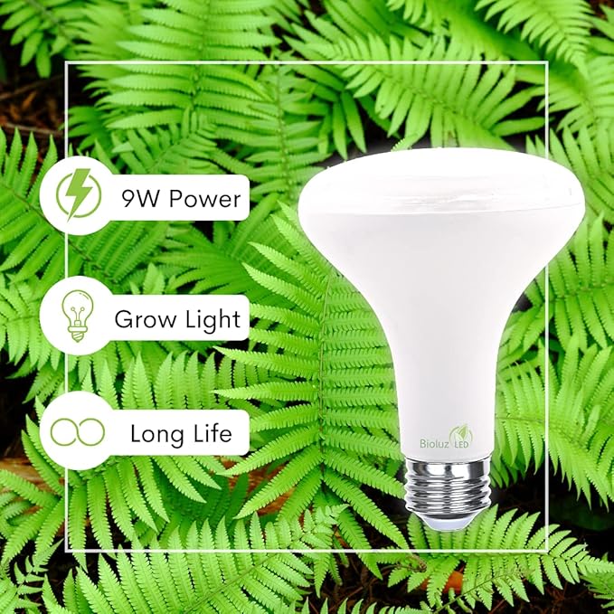 Bioluz LED Grow Light Bulbs, Full Spectrum 3000K BR30 Floodlight Bulbs for Indoor Plants, 9W, Low Heat & Energy Efficient, 2-Pack