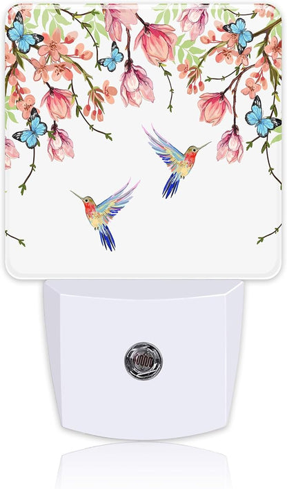 Hummingbirds and Blue Butterflies Night Light Plug into Wall with Dusk to Dawn Sensor Cute Nightlight for Kid Girls Boys Women Men Room Decor, Hallway, Kitchen, Bathroom, Nursery, Stairs