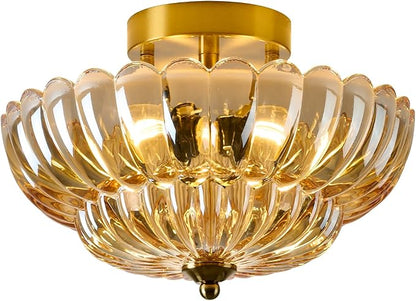 Semi Flush Mount Ceiling Light, 12 Inch Vintage Gold Fixture with Amber Glass Shade, 3-Light Close to Ceiling Lighting for Hallway, Entryway, Bedroom, Bathroom，Kitchen, Mid Century Modern