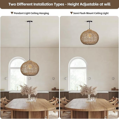 Boho Chandelier, Farmhouse Ceiling Hanging Lamp Shade, Natural Rattan Weaving Light Fixture, Rustic Round Pendant Lighting for Kitchen Dining Room Restaurant Bar, 13.78" W x 11.02" H