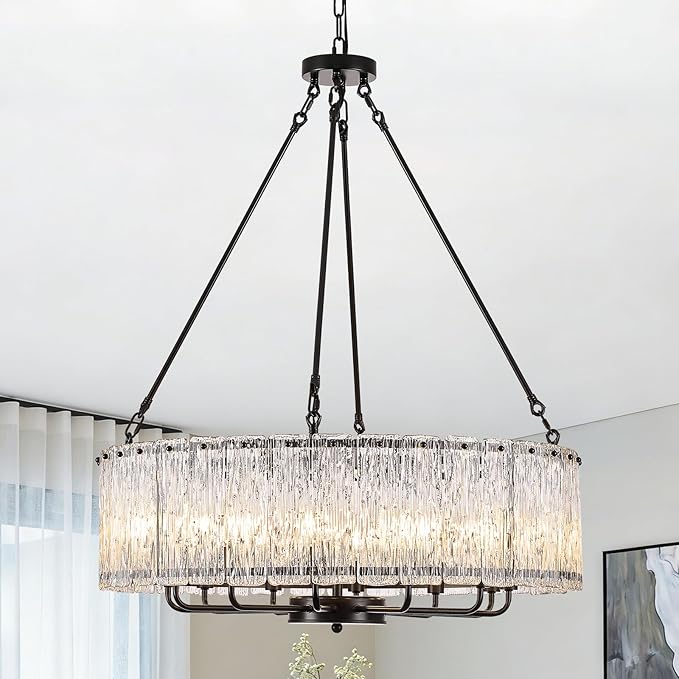 CATINER 12-Light Crystal Glass Chandeliers Modern 30" Black Drum Chandelier Luxury Ceiling Pendant Light Fixture for Living Room Dining Room Kitchen Foyer Bedroom