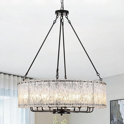CATINER 12-Light Crystal Glass Chandeliers Modern 30" Black Drum Chandelier Luxury Ceiling Pendant Light Fixture for Living Room Dining Room Kitchen Foyer Bedroom