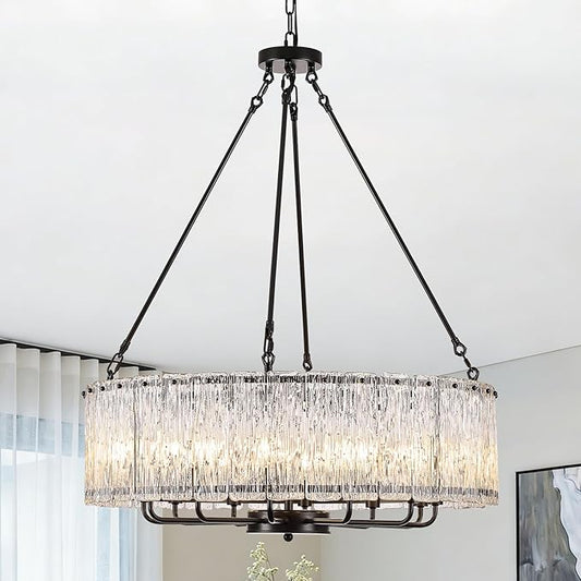 CATINER 12-Light Crystal Glass Chandeliers Modern 30" Black Drum Chandelier Luxury Ceiling Pendant Light Fixture for Living Room Dining Room Kitchen Foyer Bedroom