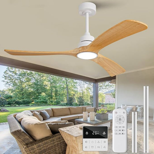 Ceiling Fan with Light 52 inch,Remote Control,Wall Switch,Solid Wood Blades,Dimmable,Reversible Quiet DC Motor,Power Off Memory Modern White Ceiling Fan Indoor/Outdoor for Bedroom Patios