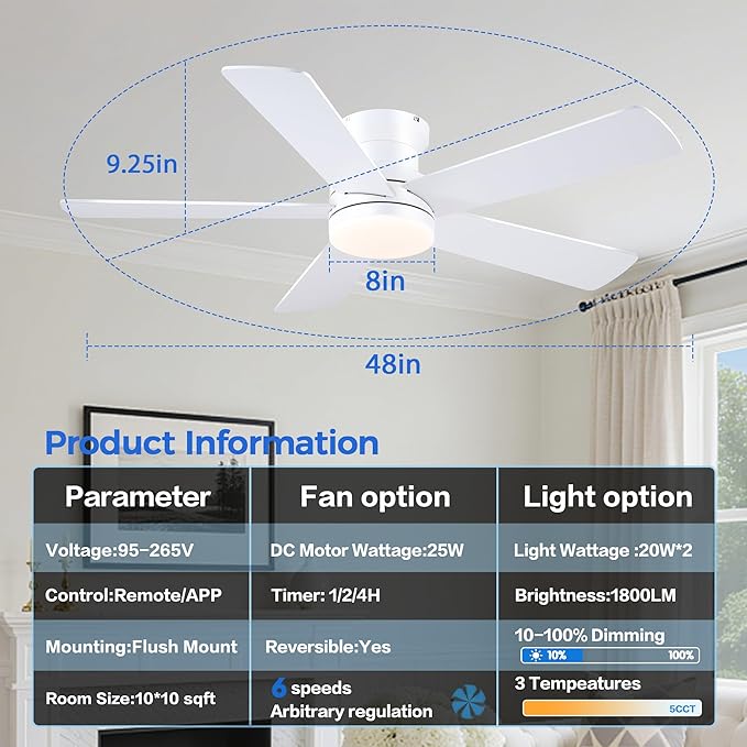 Ayaoty 48In Ceiling Fan with Light Flush Mount - White Low Profile Ceiling Fan Light with Remote/APP, 5 Reversible Dual-Sided Blades, Modern Fan Light for Indoor Bedroom, Covered Outdoor