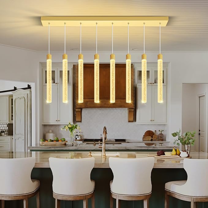 Modern Rectangular Crystal Chandelier LED Dimmable Crystal Column Chandelier Living Room Crystals Pendant Light for Dining Room Adjustable Height 8-Light Gold