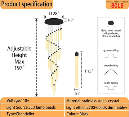 200'' Long Crystal Column Chandelier Black 36-Light Extra Large Staircase Chandelier High Ceiling Dimmable LED Ceiling Lighting Foyer Entryway Light Source is Replaceable