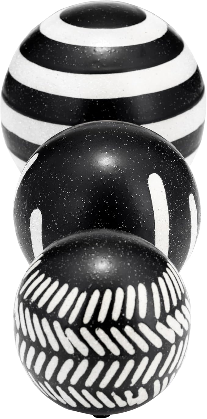 Patterned Ceramic Orbs for Home Decor Styling - Geometric Sculpture for Bathroom, Office, and Living Room Centerpiece - Ornaments Accent for Coffee Table Display - Set of 3, 6", 5", 4", Black & White