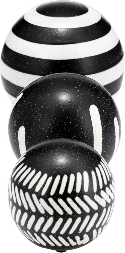Patterned Ceramic Orbs for Home Decor Styling - Geometric Sculpture for Bathroom, Office, and Living Room Centerpiece - Ornaments Accent for Coffee Table Display - Set of 3, 6", 5", 4", Black & White