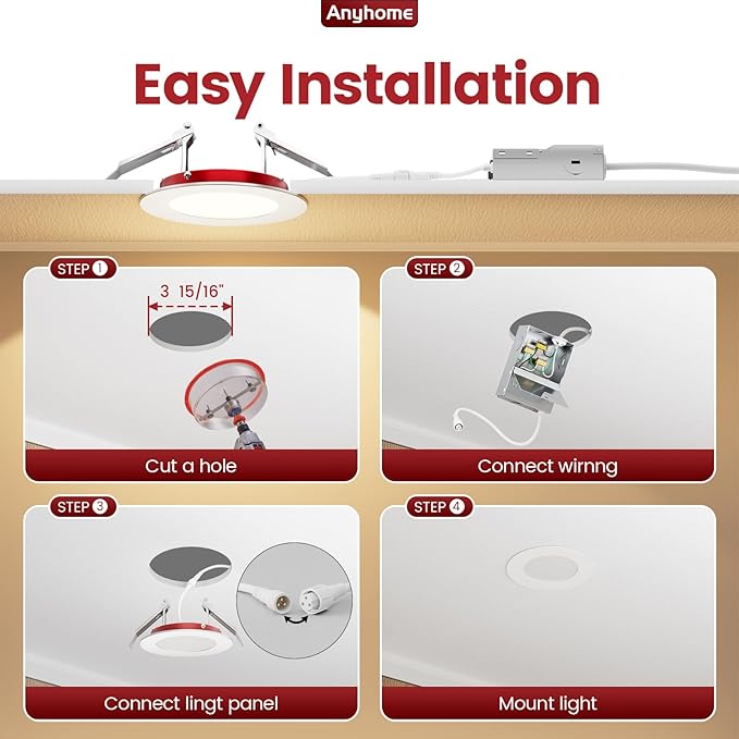 12 Pack 4 Inch Fire Rated Led Recessed Light with Junction Box, 2 Hour Fire Rating,5CCT Selectable Led Ultra Thin Recessed Lighting,9W 700LM CRI90,Dimmable Led Wafer Light,ETL& ES