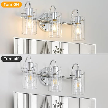 3 Lights Vanity Light, Polished Chrome Bathroom Wall Light Fixture Over Mirror, Modern Wall Sconce with Clear Glass Shade, Farmhouse Mount Lamp for Washroom, Living Room, Workshop
