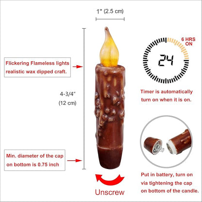 CVHOMEDECO. Real Wax Hand Dipped Battery Operated LED Timer Taper Candles Country Primitive Flameless Lights Décor, 4-3/4 Inch, Coffee, 2 PCS in a Package