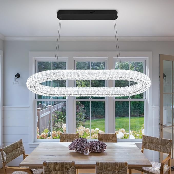 LED Crystal Ring Chandelier, 40'' Black Crystal Ring Pendant Light for Kitchen Island Modern Linear Oval Chandeliers for Dining Room Dimmable 3000K-6000K
