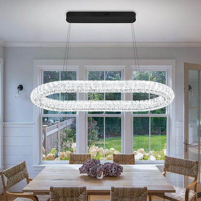 LED Crystal Ring Chandelier, 40'' Black Crystal Ring Pendant Light for Kitchen Island Modern Linear Oval Chandeliers for Dining Room Dimmable 3000K-6000K