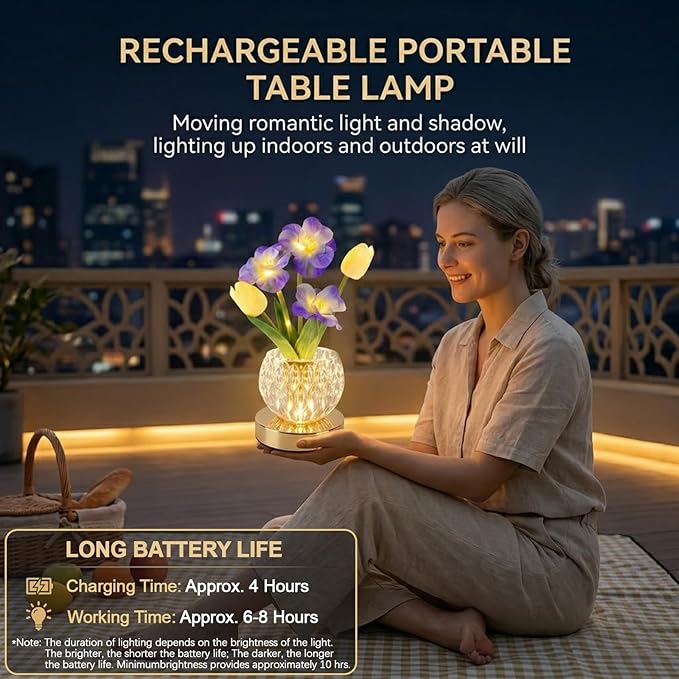 Flower Table Lamp, 3 Colors Touch Dimming Tulip Night Light, Rechargeable Artificial Flower Light, LED Flower with Vase Lamp Romantic Decor for Date Party Home (Blue-Sakura)