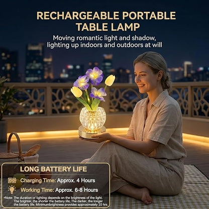 Flower Table Lamp, 3 Colors Touch Dimming Tulip Night Light, Rechargeable Artificial Flower Light, LED Flower with Vase Lamp Romantic Decor for Date Party Home (Blue-Sakura)