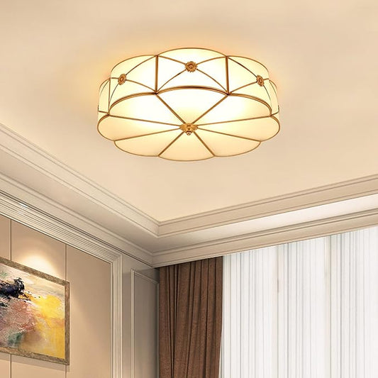 MIXL- Mid Century Brass Flush Mount Ceiling Light, 4-Light LED Brass and Glass Ceiling Lamp, Frosted Glass Shade Modern Light, Close to Ceiling Light Decorative for Bedroom Living Room(17.71" W)